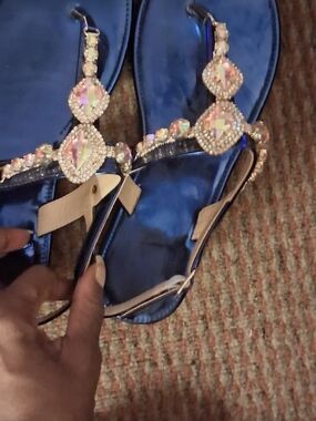 Womens Size 9 Fashion Nova Blue Jeweled T-Strap Sandals
